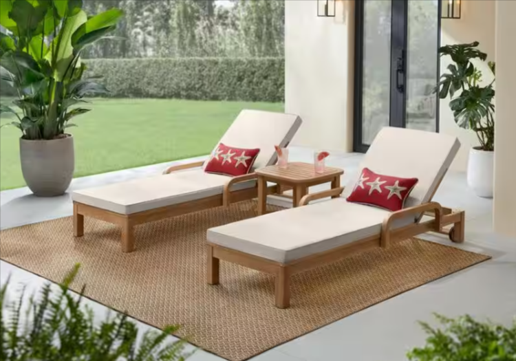 Orleans Eucalyptus Wood Outdoor Chaise Lounge (x1), Almond Cushions - $190