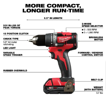 Milwaukee M18 18V Cordless 1/2 in. Compact Drill/Driver Kit(Missing 1 Battery) - $120