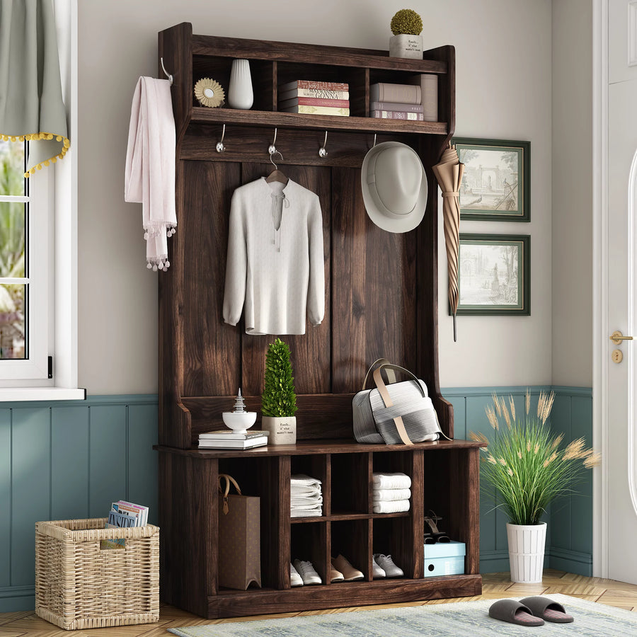 Wood Entryway Hall Tree with 6 Coat Hooks, Storage Bench and Shelf, Brown - $200