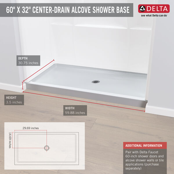 Delta Classic 400 60 in. L x 32 in. W Alcove Shower Pan Base with Center Drain- $140