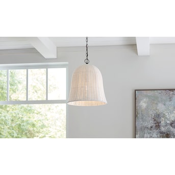 allen + roth Elizabeth Black Canopy with White Rattan Shade Bell Pendant Light - $85