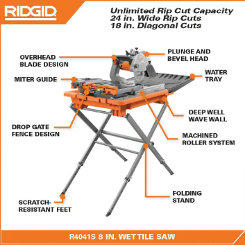 RIDGID 12 Amp 8 in. Blade Corded Wet Tile Saw with Extended Rip (Used) - $290