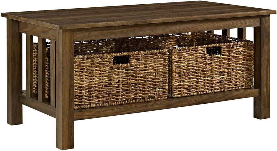 Walker Edison Alayna Mission Style Two Tier Coffee Table with Rattan Storage Baskets-$80