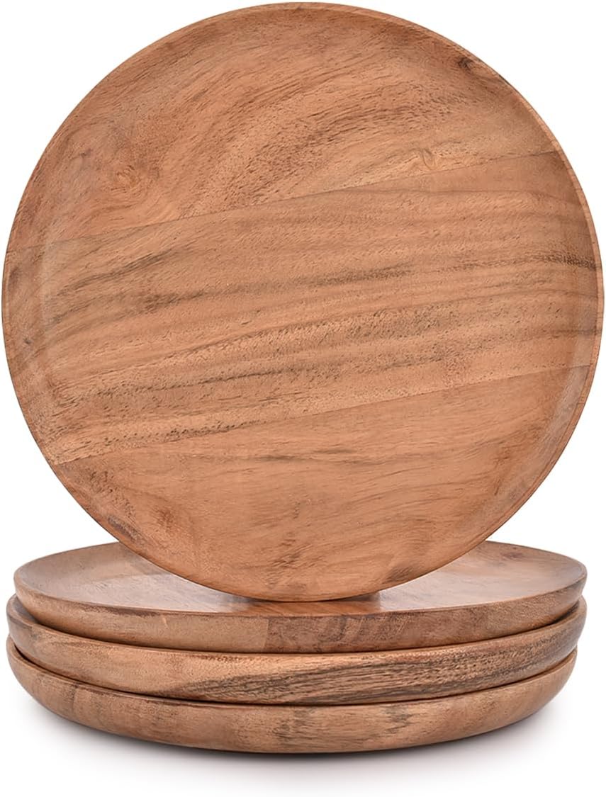 NIRMAN Acacia Wood Dinner Plates Set of 4 for Dishes Snack (8" x 8" x 0.75") - $10