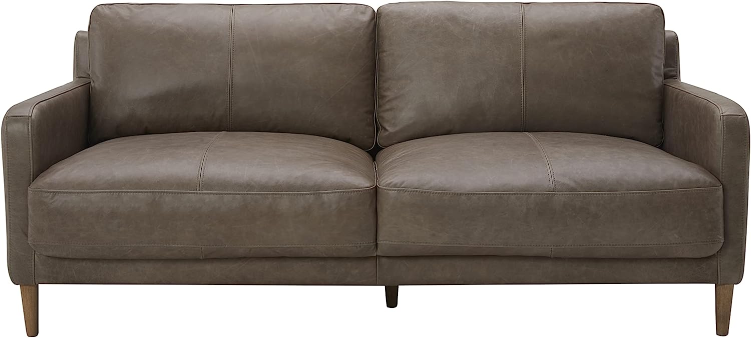 Rivet Modern Deep Leather Sofa Couch with Wood Feet, 72"W, Gray-$475