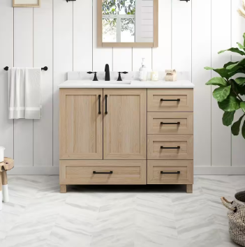 Tobana Single Sink Bath Vanity in Weathered Tan with White Engineered Stone Top - $540