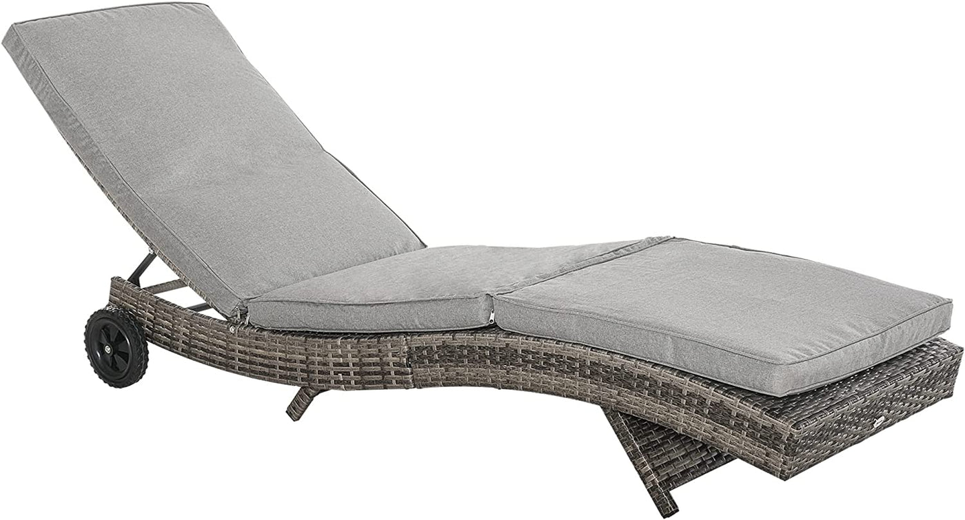 Outsunny Rattan Outdoor Chaise Lounge Chair with Grey Cushions - $95