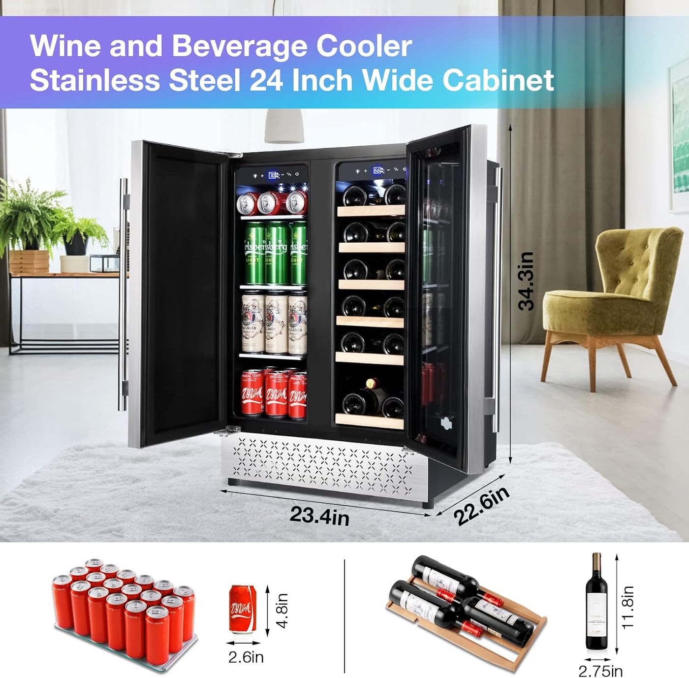 Tylza Wine and Beverage Refrigerator, 24 inch Dual Zone Wine Beverage Cooler - $430