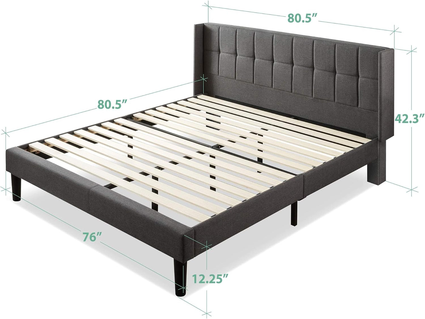ZINUS Dori Upholstered Platform Bed Frame with Wingback Headboard, King - $145