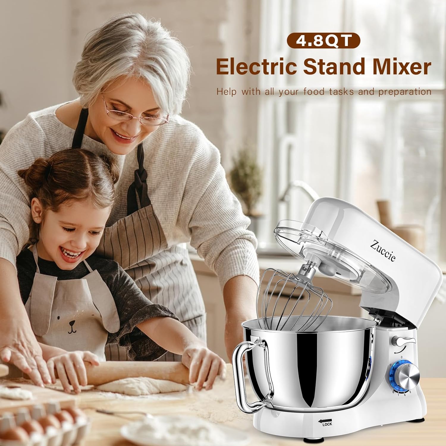 Stand Mixer, Zuccie 4.8QT Kitchen Electric Stand Mixer, 380W Motor Power Food Mixer - $50