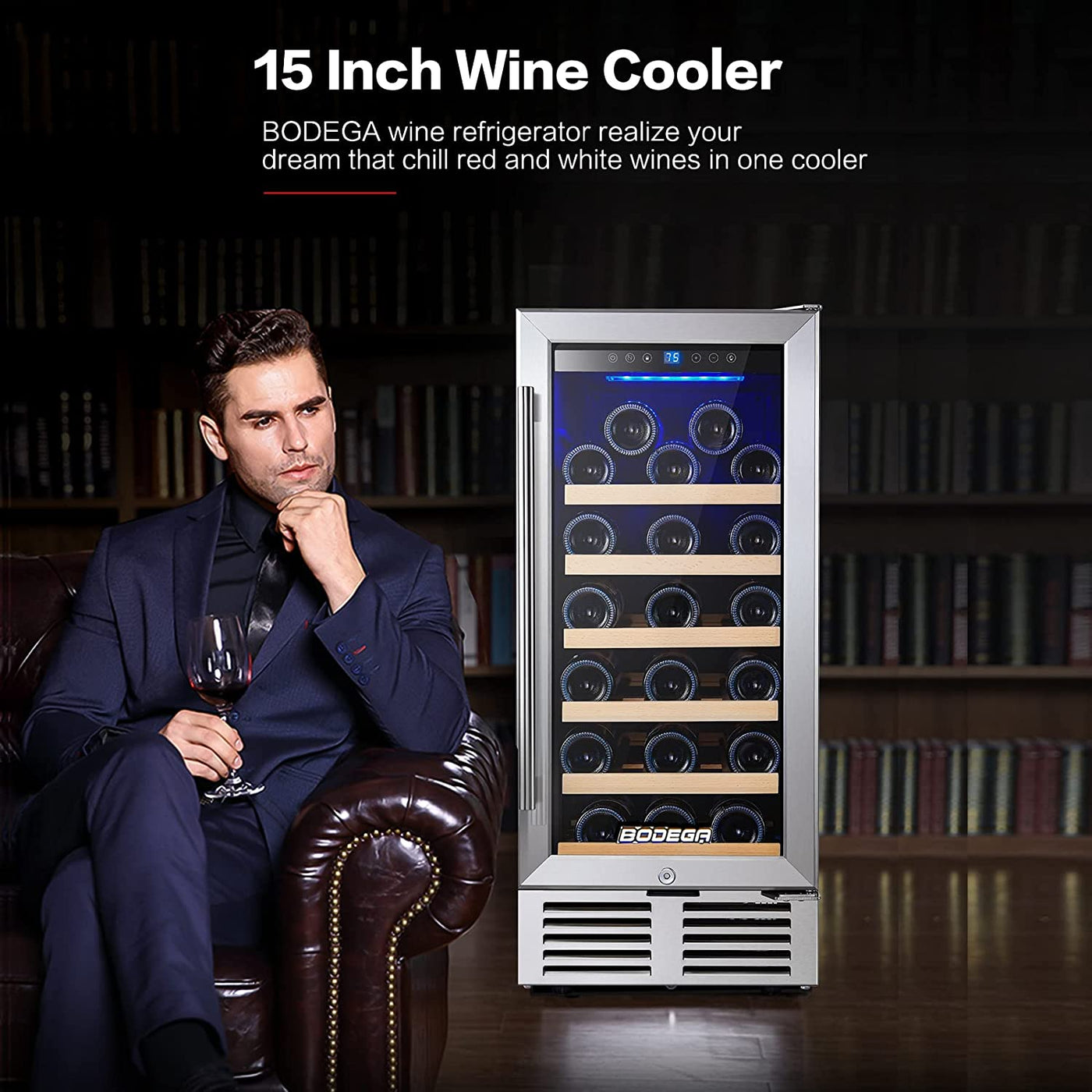 BODEGA 15 Inch Wine Cooler Under Counter, 31 Bottle Mini Fridge Wine Cooler-$200