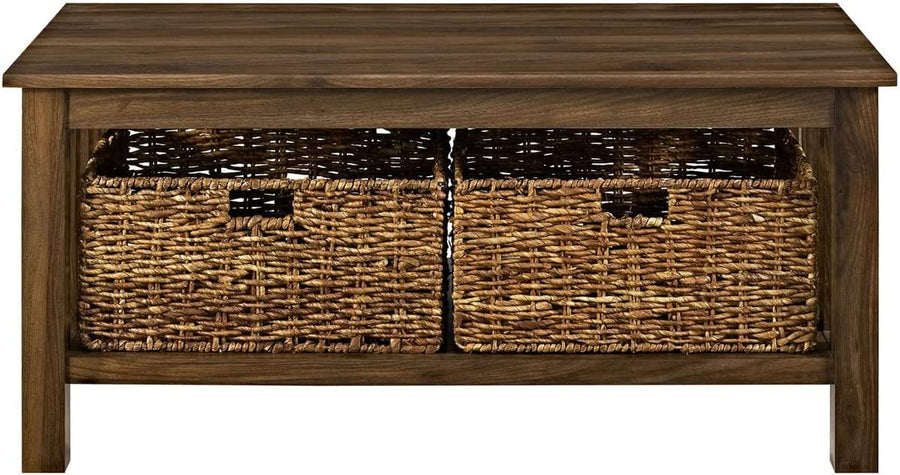 Walker Edison Alayna Mission Style Two Tier Coffee Table with Rattan Storage Baskets-$80