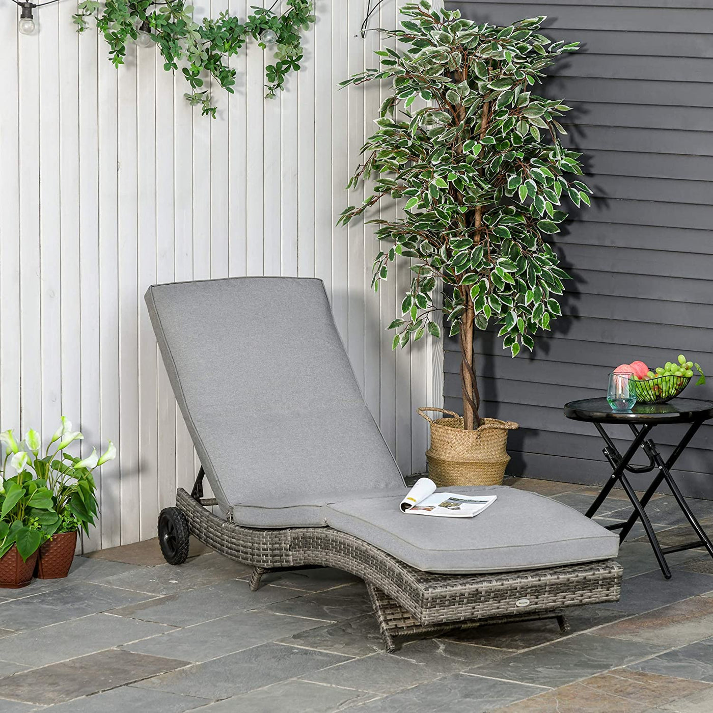 Outsunny Rattan Outdoor Chaise Lounge Chair with Grey Cushions - $95
