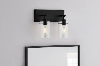 Regan 12.75 in. 2-Light Matte Black Bathroom Vanity Light with Clear Glass Shades - $40