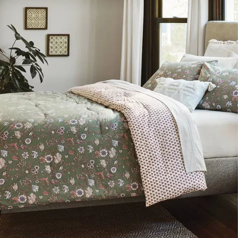 Boho Reversible Printed Comforter & Sham Set, Green Floral (full