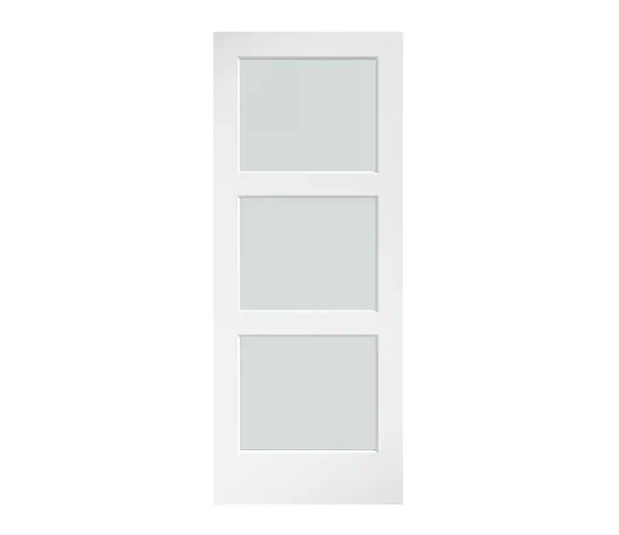 eightdoors 32 in. x 84 in. 3 Frosted Glass Solid Core White Finished Barn Door - $150