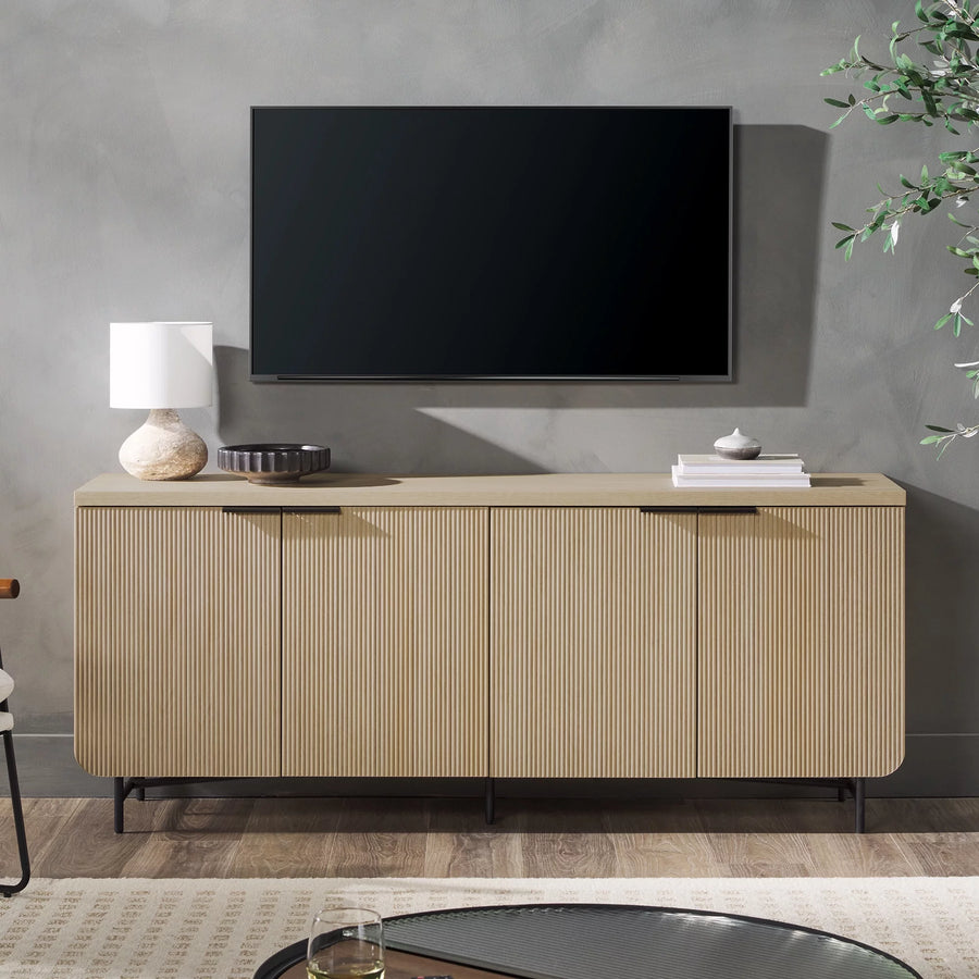 Walker Edison 69โ Scandinavian 4-Door Reeded-Front TV Stand, Coastal Oak/Black - $380