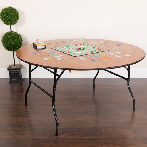 Furman 5-Foot Round Wood Folding Banquet Table with Clear Coated Finished Top-$110