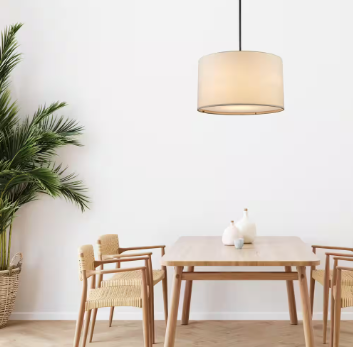 Monteaux Lighting 2-Light Black Hanging Pendant Light Fixture with Linen Drum Shade - $40