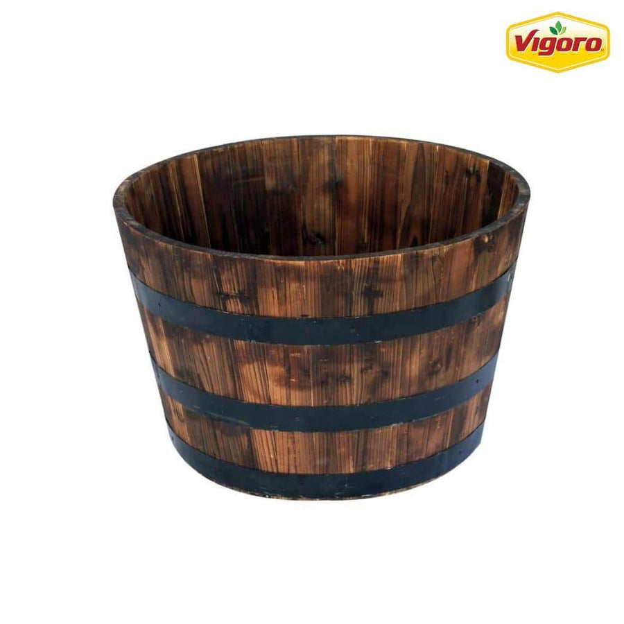 Vigoro 26 in. Jackson Extra Large Brown Wood Barrel Planter (26 in. D x 16.5 in. H) - $25