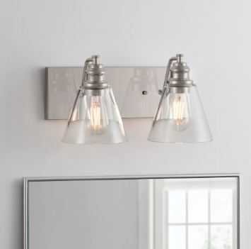 Manor 2-Light Polished Nickel Industrial Bathroom Vanity Light with Clear Glass Shades - $35