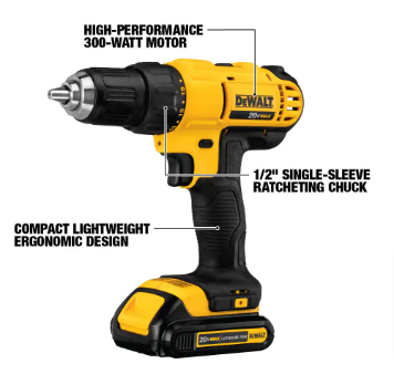 DEWALT 20V MAX Cordless 1/2 in. Drill/Driver, (2) 20V 1.3Ah Batteries, Charger and Bag - $110