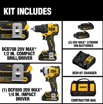 Dewalt ATOMIC 20V MAX Cordless Brushless Compact Drill/Impact 2 Tool Combo Kit - $180