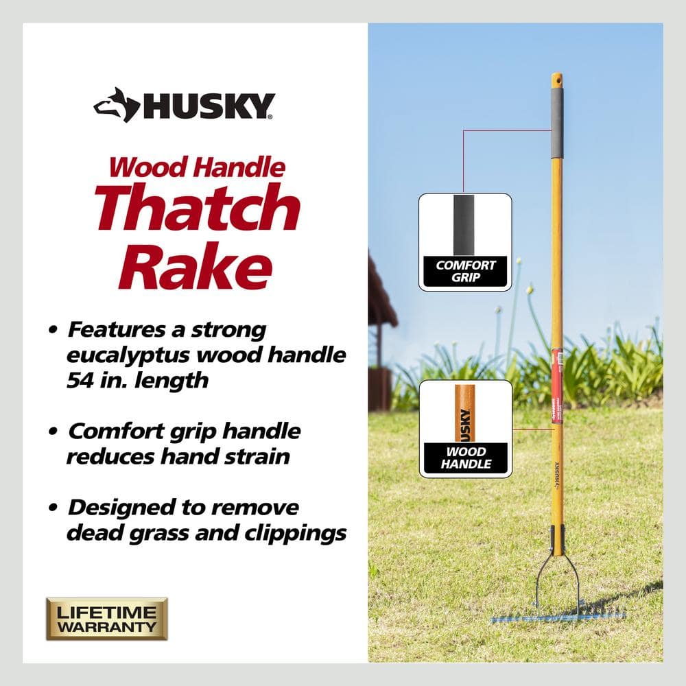 Husky 54 in. Long Wood Handle 19-Tine Adjustable Thatch Rake - $20
