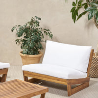 Sherwood Teak Brown Wood Outdoor Loveseat with White Cushions - $130