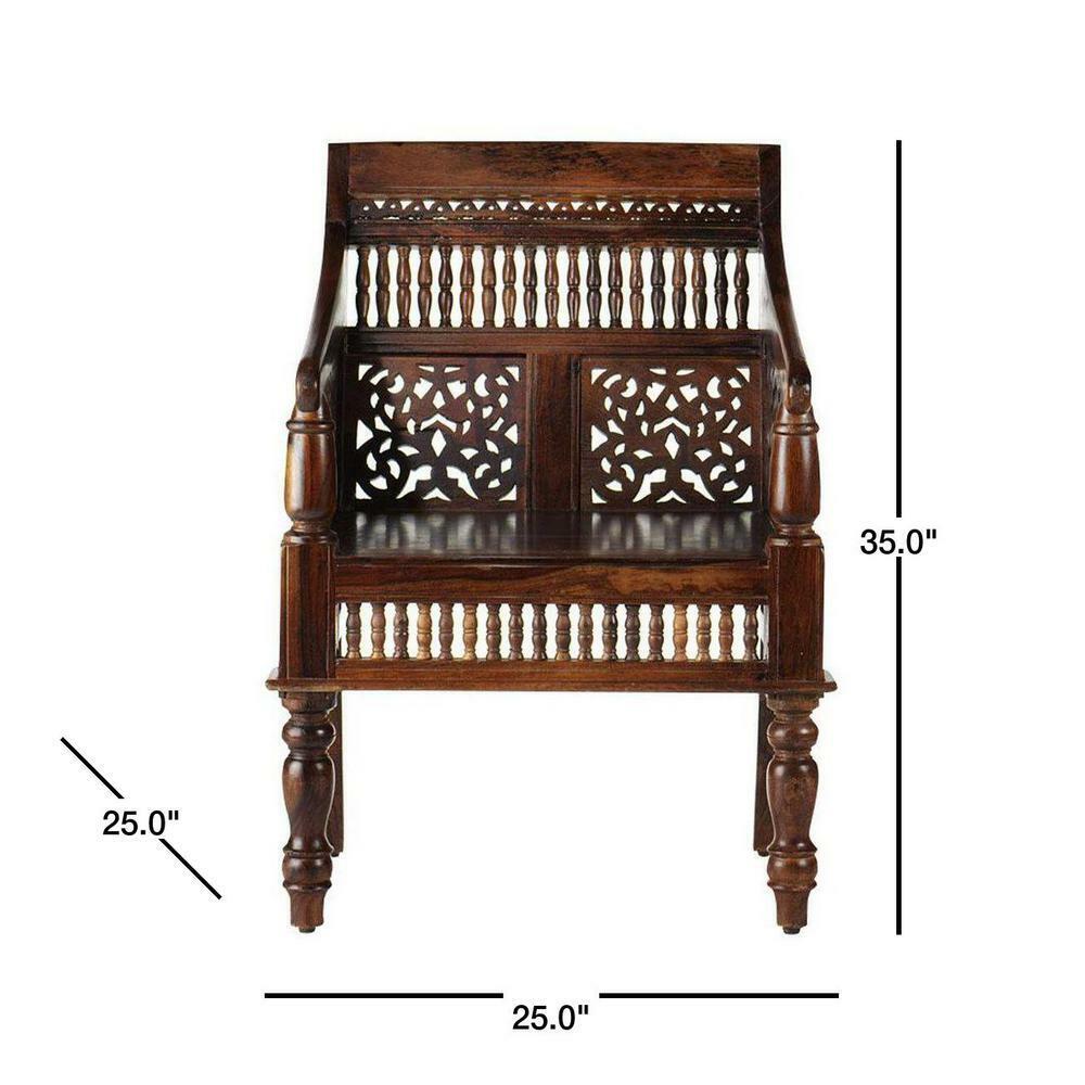 Maharaja Walnut Brown Wood Hand-Carved Arm Chair - $190