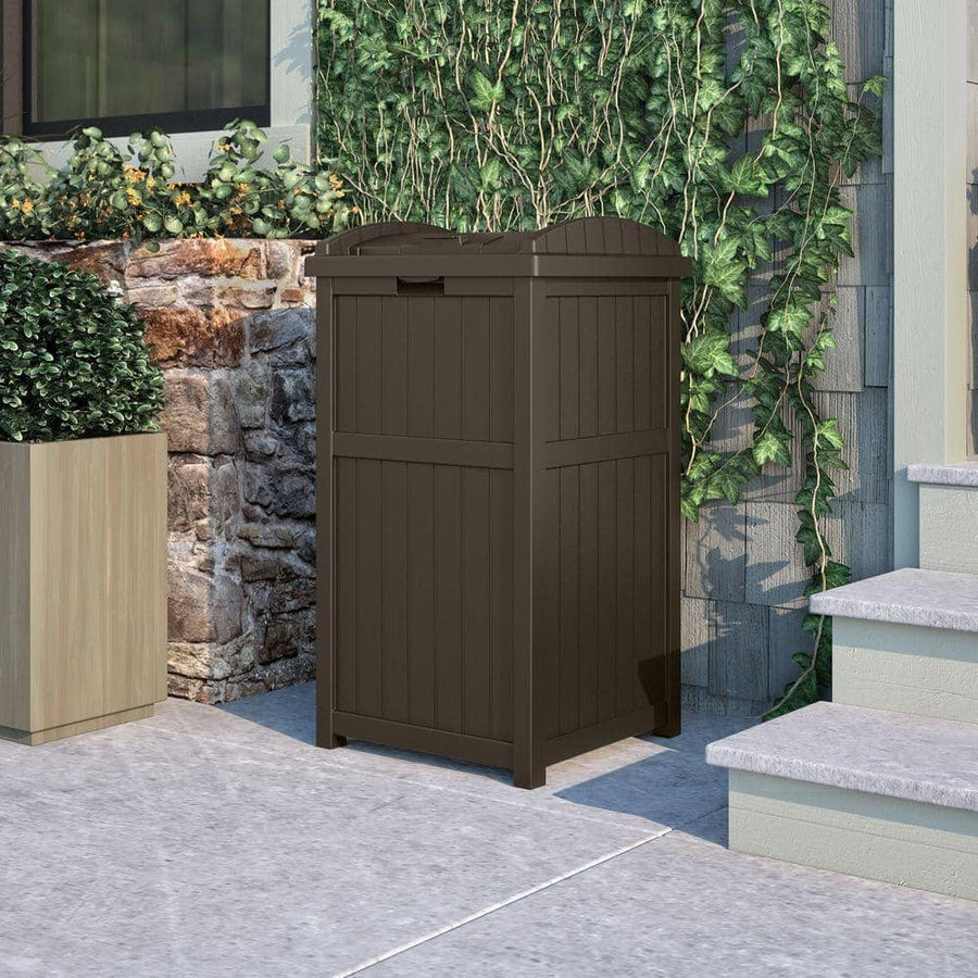 Suncast Plastic Trash Hideaway 30 Gallon Brown Outdoor Trash Can with Lid - $35