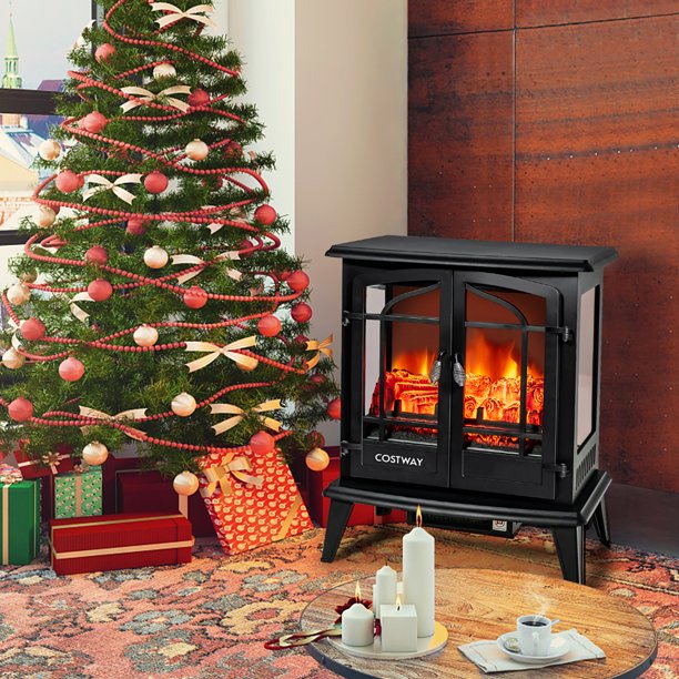 Costway 25 in. Freestanding Iron Electric Fireplace Heater Stove 1400-Watt in Black - $150