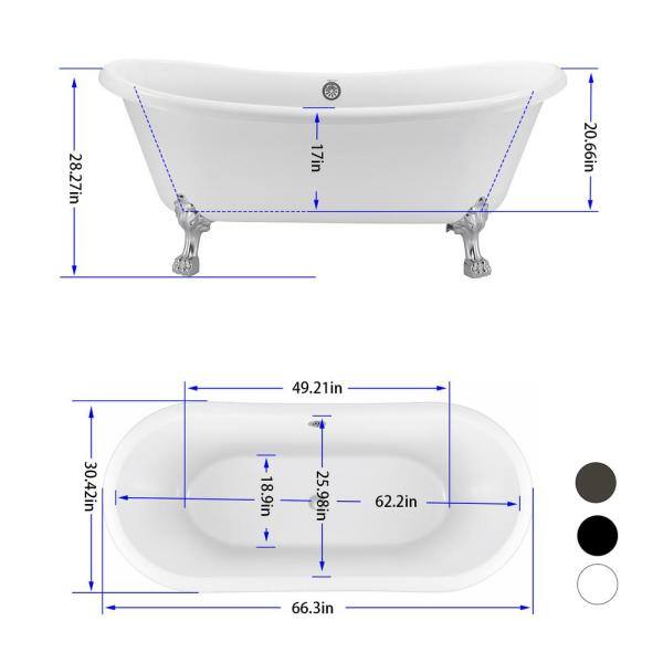 Mokleba 67 in. Acrylic Freestanding Oval Double Slipper Clawfoot Bathtub in White - $400