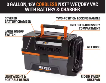 RIDGID 3 Gallon 18-Volt Cordless Handheld NXT Wet/Dry Vacuum with Battery - $150
