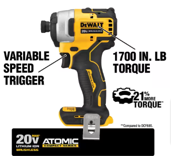 DEWALT ATOMIC 20V MAX Cordless Brushless Compact 1/4 in. Impact Driver - $120