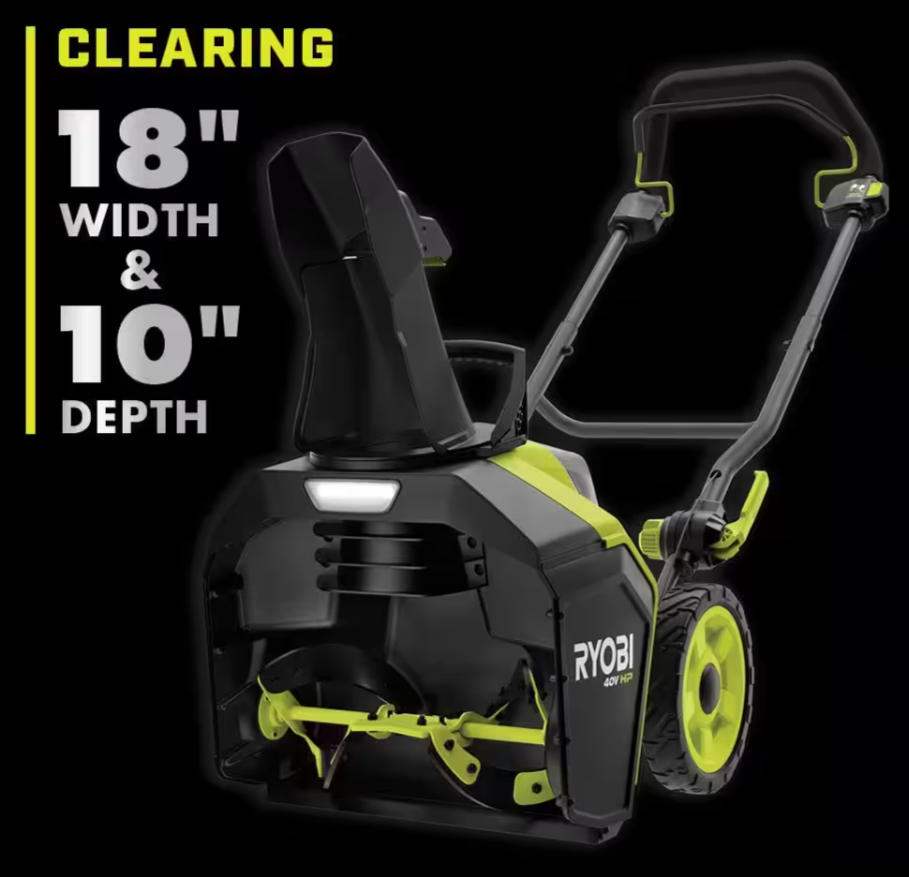 Ryobi 40V HP Brushless 18 in. Single-Stage Cordless Electric Snow Blower, Battery, Charger - $350