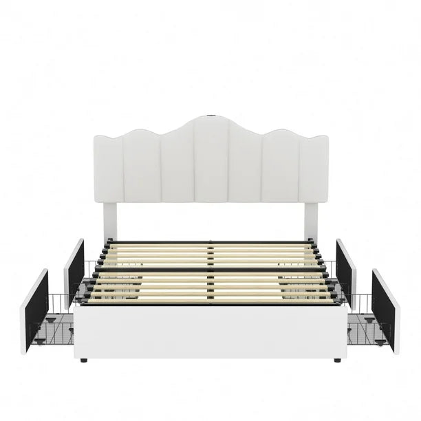 VECELO Queen Size Bed Frame with 4 Storage Drawers, Upholstered Platform Bed - $165