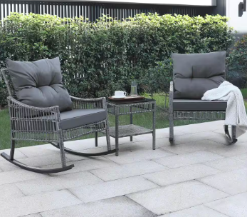 VEIKOUS Dark Grey Wicker Outdoor Rocking Chair Set with Grey Cushions - $185