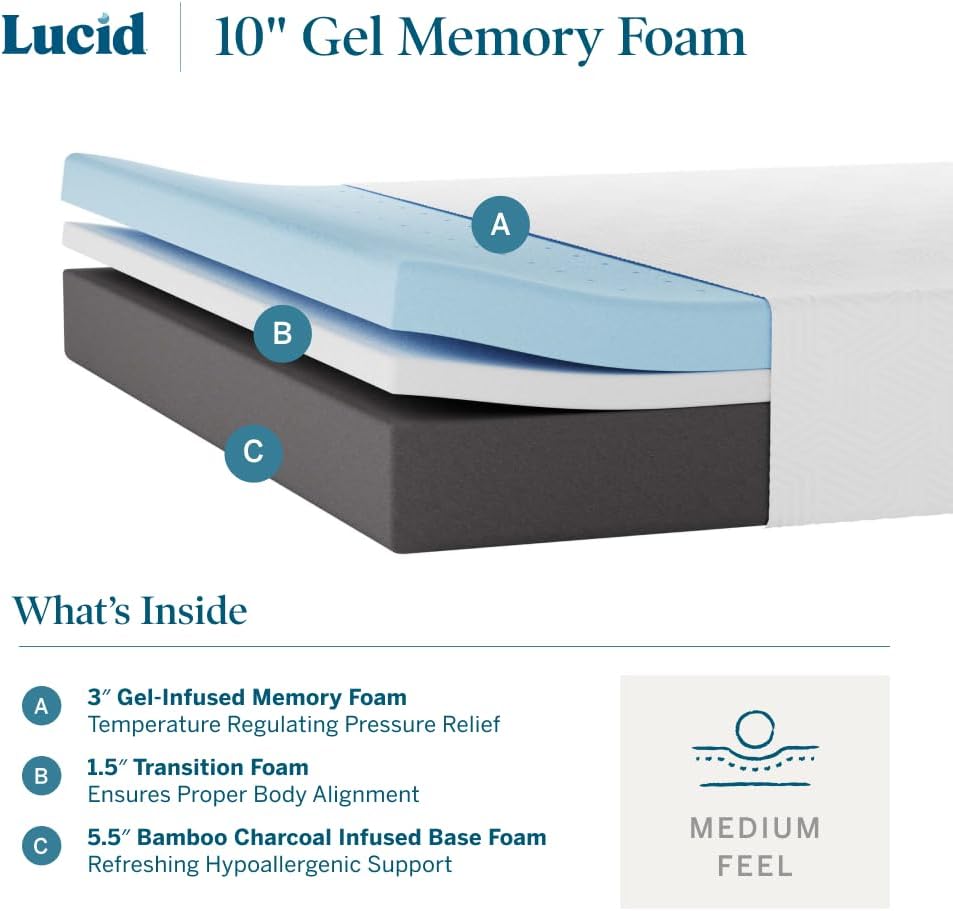 LUCID 10 Inch Memory Foam Mattress - Medium Feel - Queen Size - $205