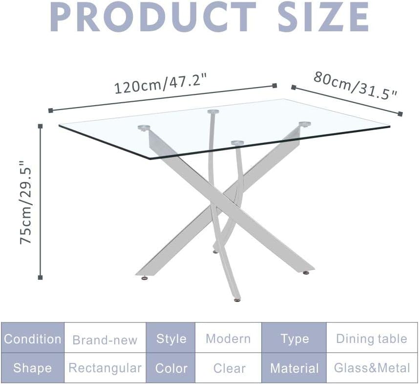 Tempered Glass Dining Table with Chromed Legs, 47" Modern Rectangular Kitchen Table - $110