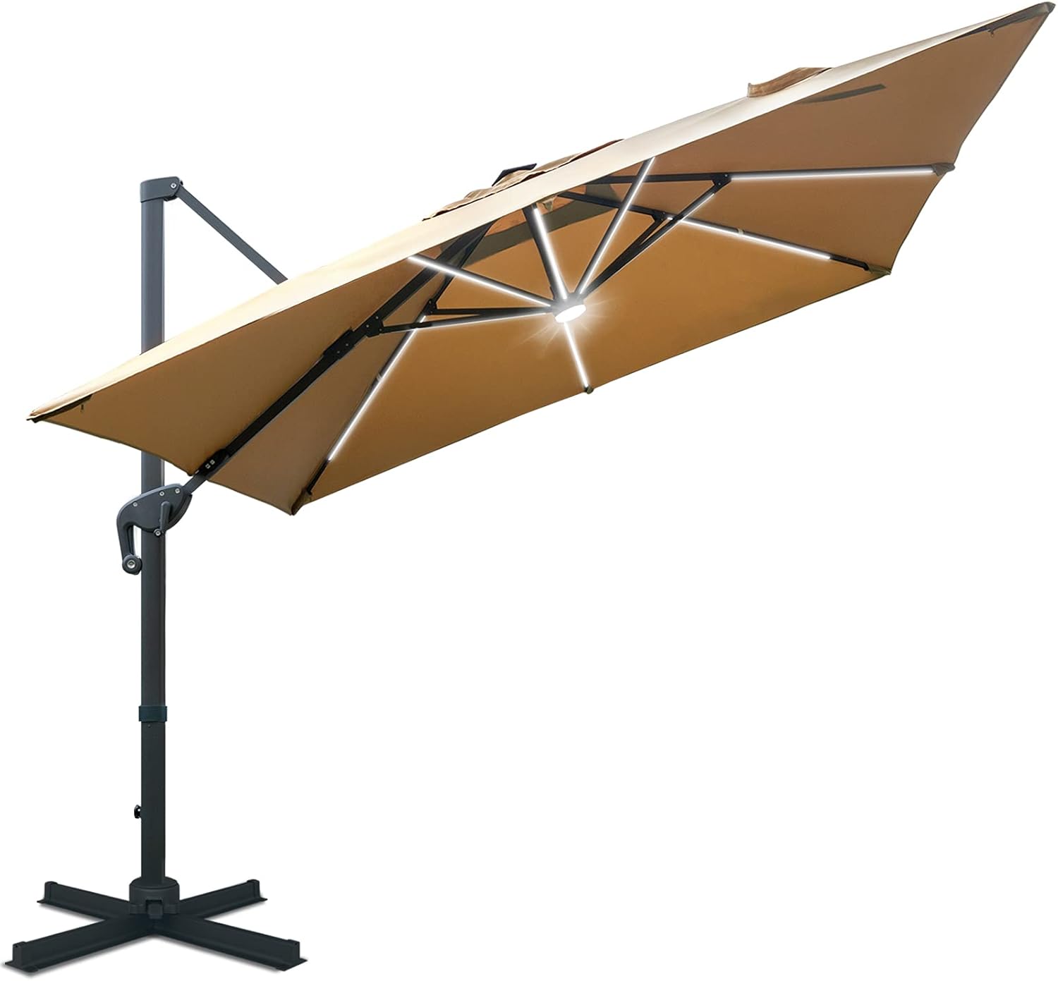 Sunnyglade 10x10ft Solar Powered LED Cantilever Patio Umbrella Square Deluxe - $200