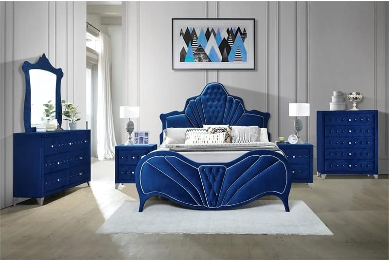 Acme Dante Crystal-Like Knob Velvet Upholstered 2-Drawer Nightstand in Blue - $130