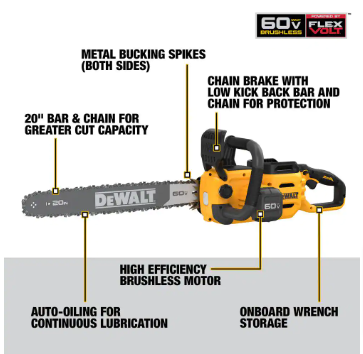 DEWALT 60V 20in. Battery Powered Chainsaw and Carry Case (Tool and Case Only) - $200