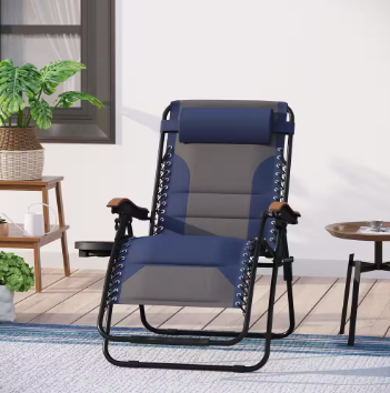 PHI VILLA Grey and Blue Metal Oversized Padded Folding Zero Gravity Chair - $75