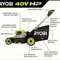 RYOBI 40V Brushless 21 in. Cordless Battery Walk Behind Self-Propelled Lawn Mower - $350