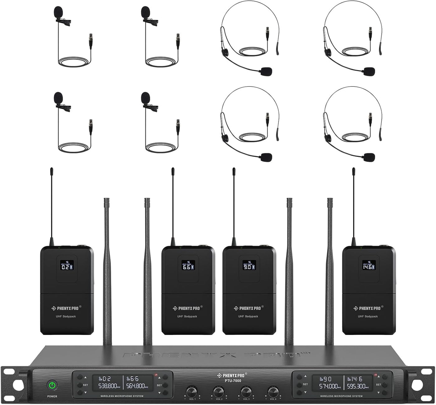 Phenyx Pro Wireless Microphone System, UHF 4Channel Wireless Mic Set w/ 4 Bodypacks - $190