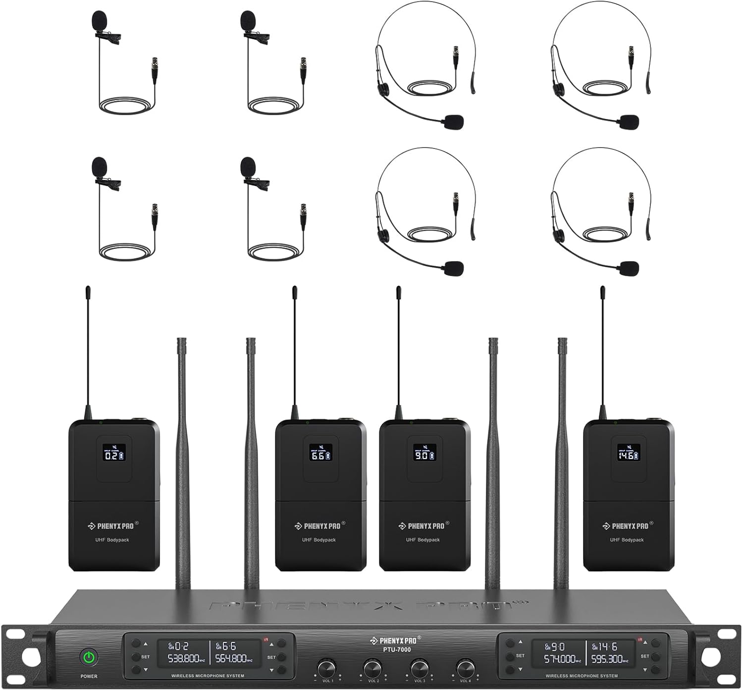 Phenyx Pro Wireless Microphone System, UHF 4Channel Wireless Mic Set w/ 4 Bodypacks - $190