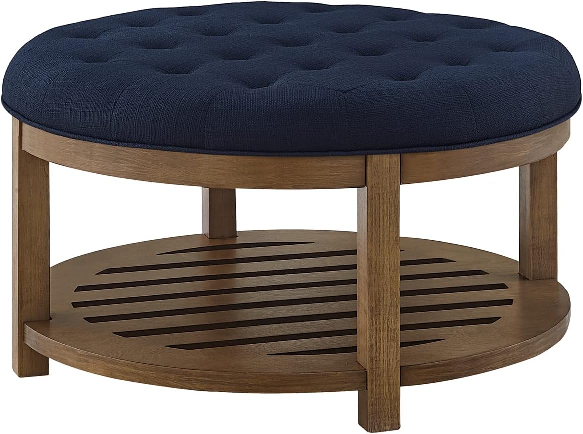 24KF Large Round Upholstered Tufted Linen Ottoman Coffee Table, Large Footrest - $120