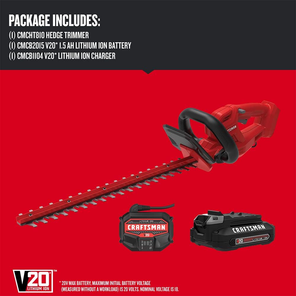 Craftsman V20 Cordless Hedge Trimmer, 20 inch, Battery and Charger Included - $60
