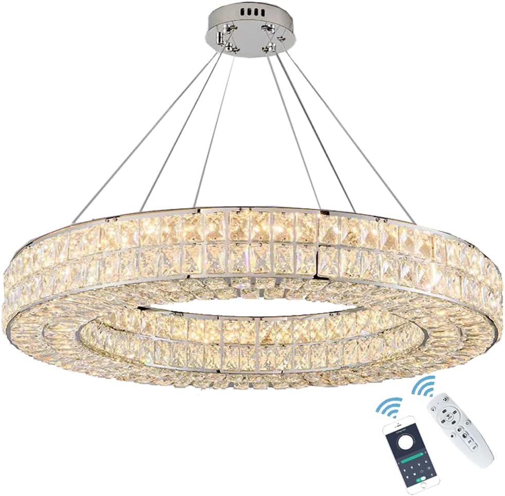 Remote Control Large Chrome Crystal Chandelier Dimmable Silver Round Ring LED - $420